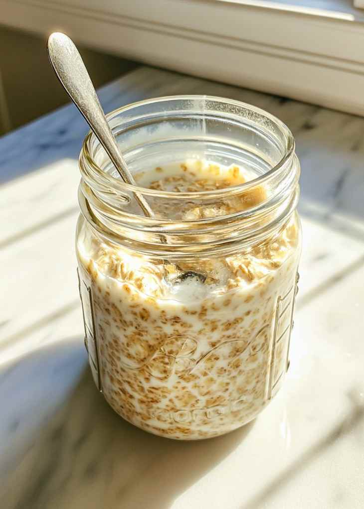 Rolled oats chia seeds and milk in jar for overnight oats