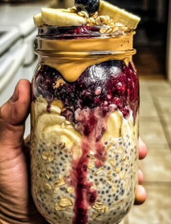 Overnight oats in glass jar with chia seeds and oats visible