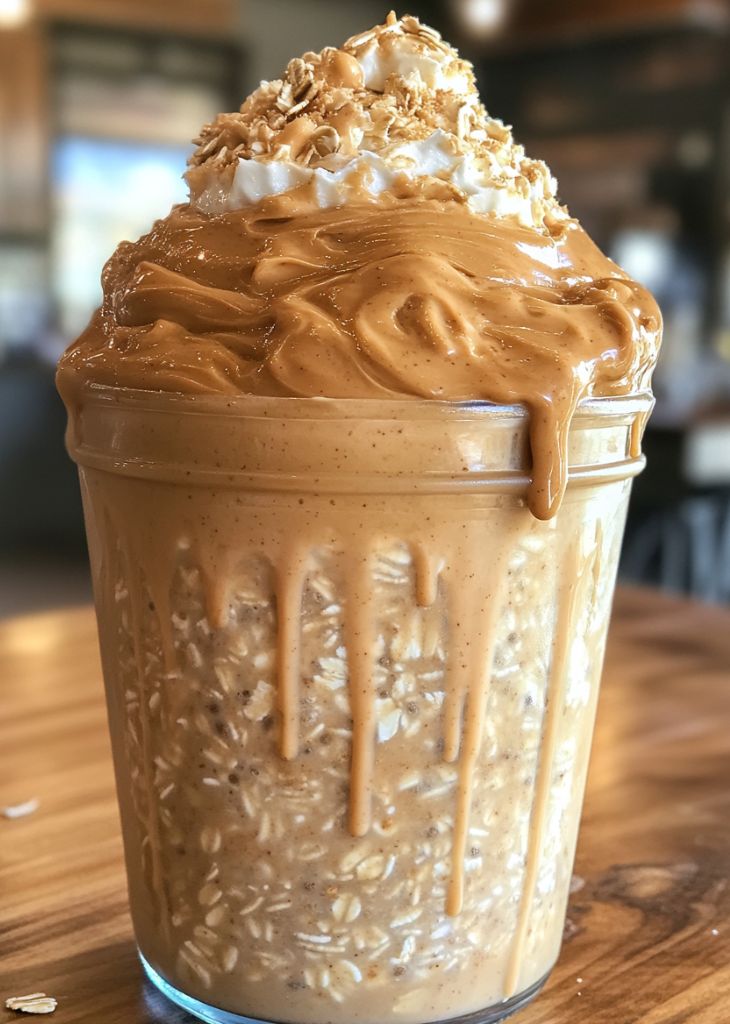 Peanut butter overnight oats in jar with peanut butter swirl