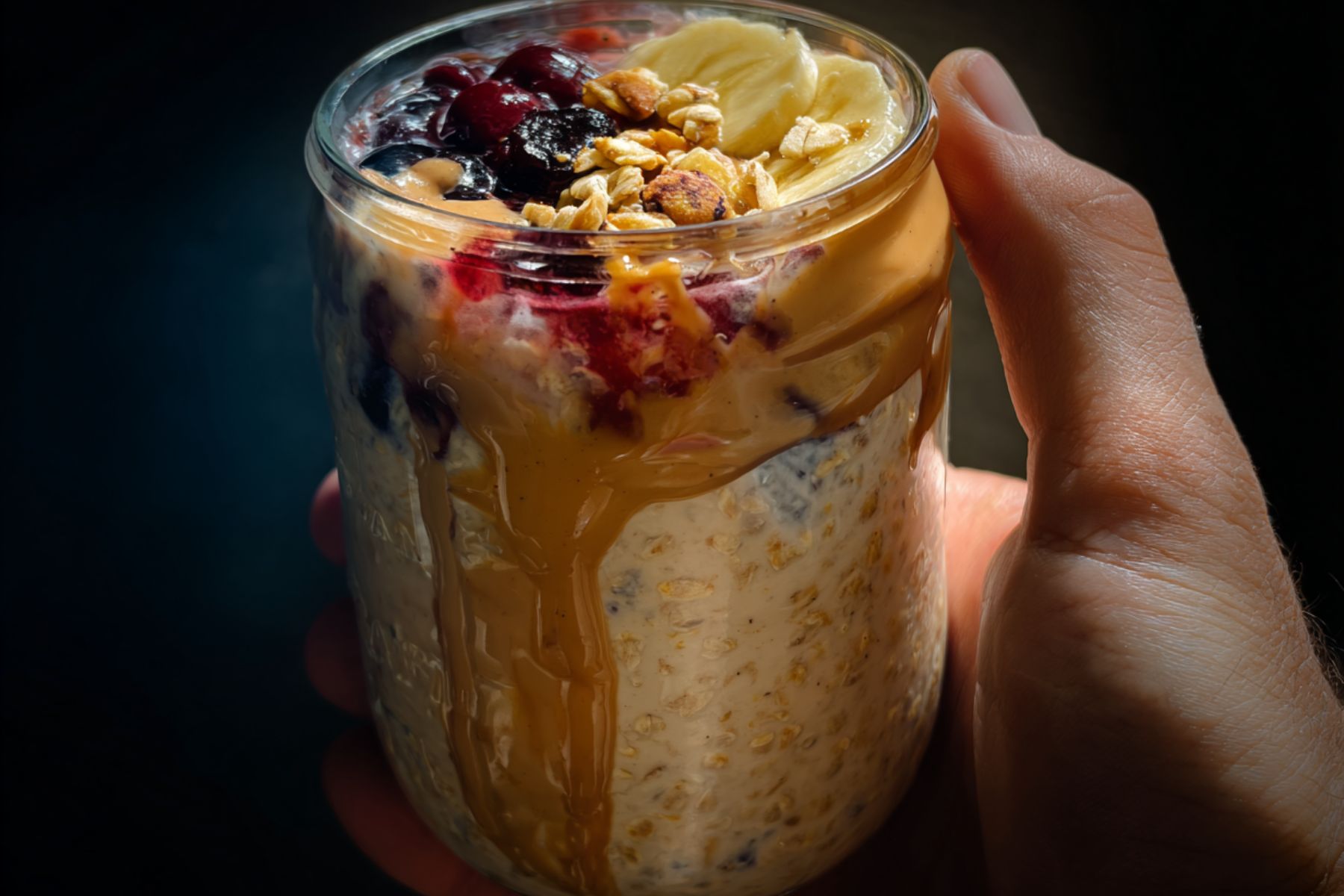 Overnight oats jars stored in refrigerator shelf