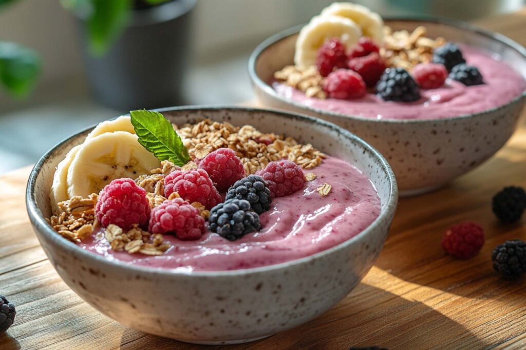 smoothie bowls with fruit and granola on wooden table