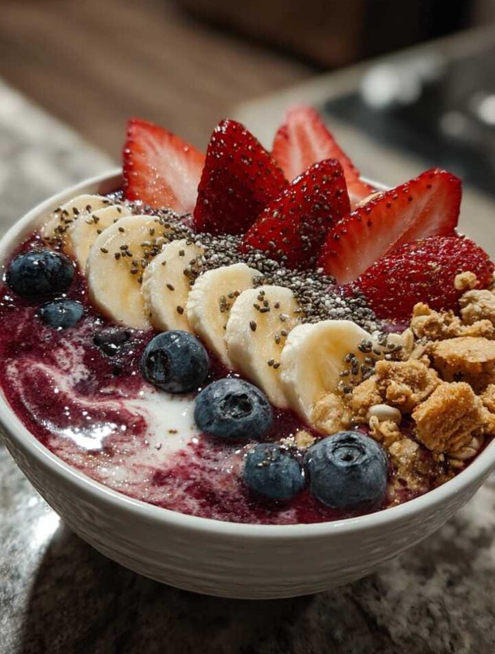 Berry smoothie bowls with banana slices and granola on wooden table