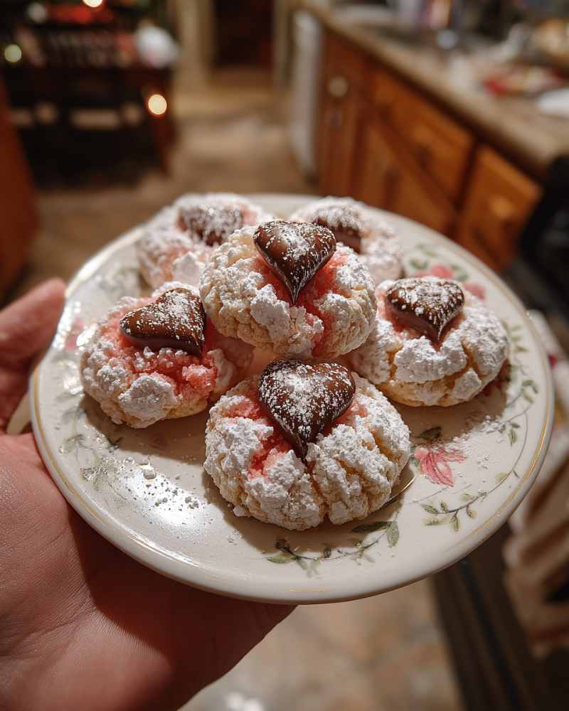 Strawberry Kiss Cookies baking with chocolate kisses on a sheet pan
