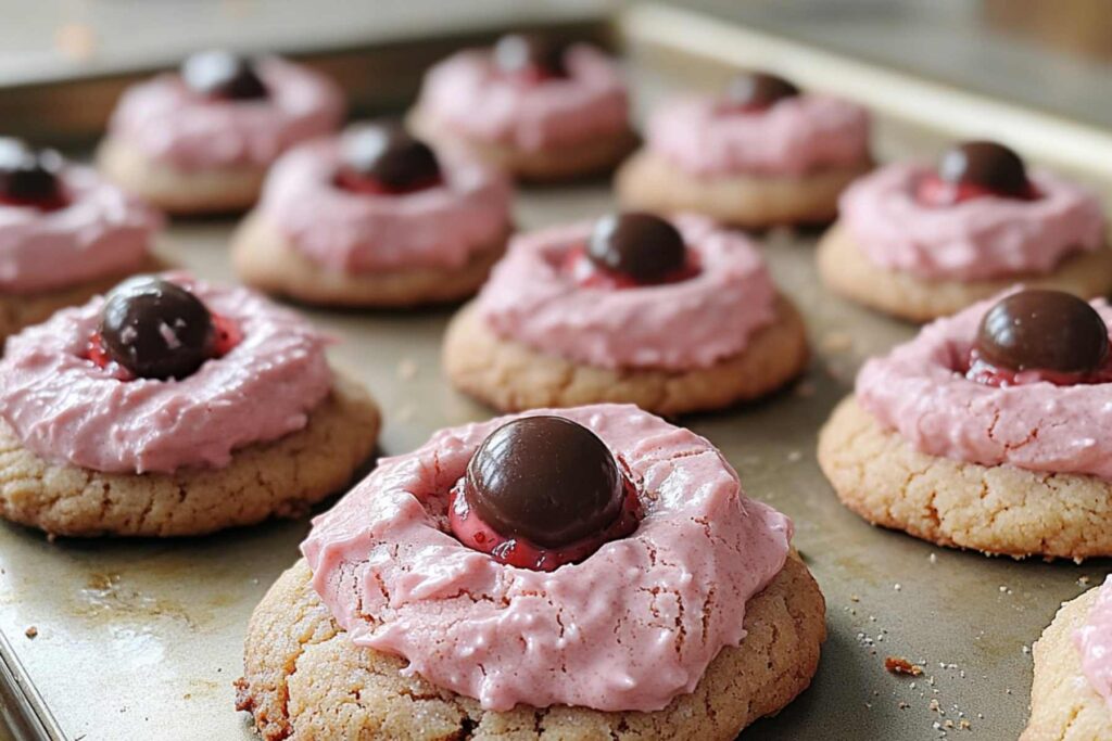 Broken Strawberry Kiss Cookie showing soft pink inside and chocolate center