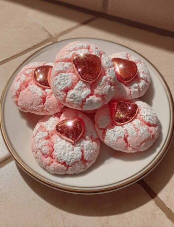 Strawberry Kiss Cookies with chocolate centers on a white plate