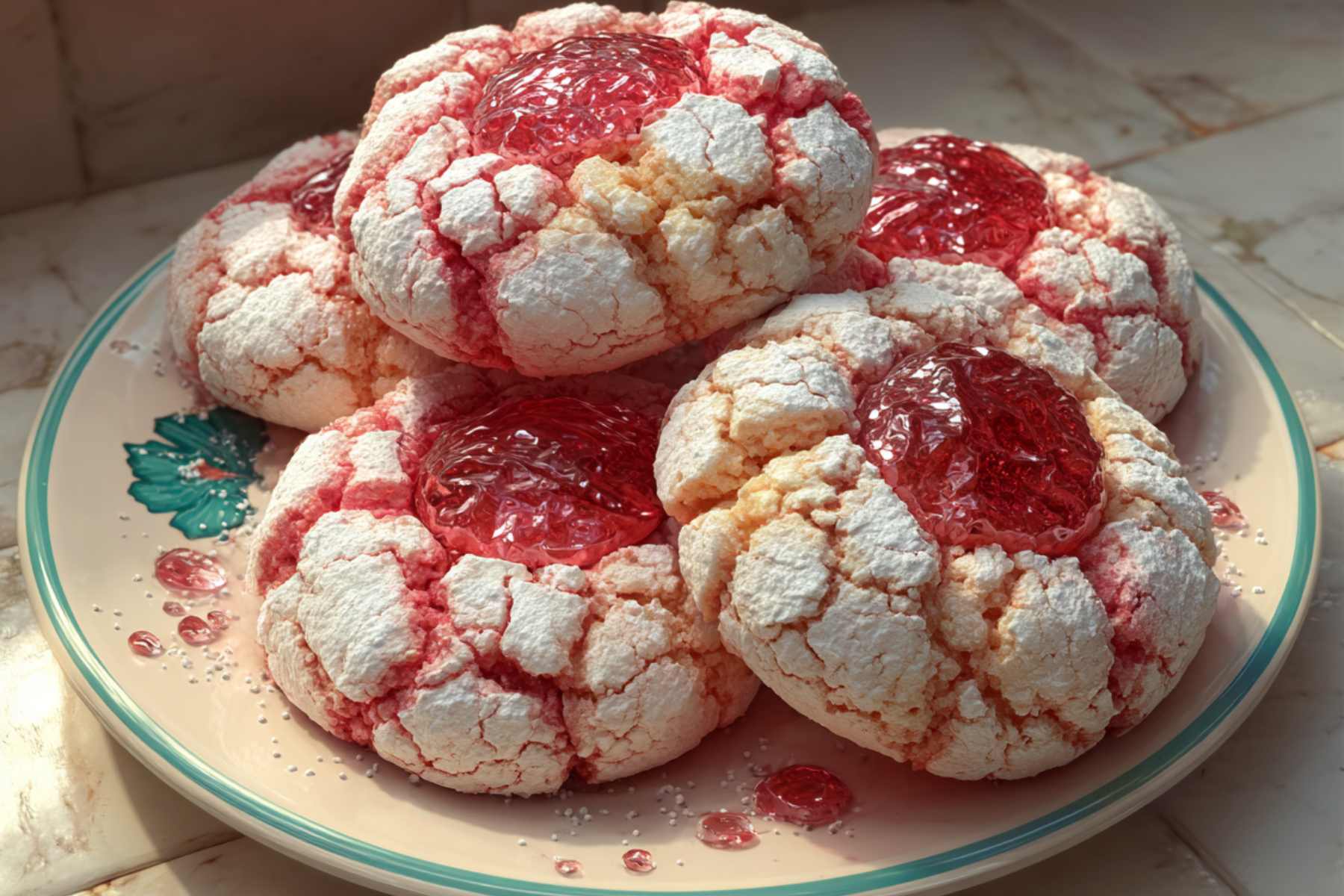 Strawberry Kiss Cookies stored in a plastic container with chocolate centers