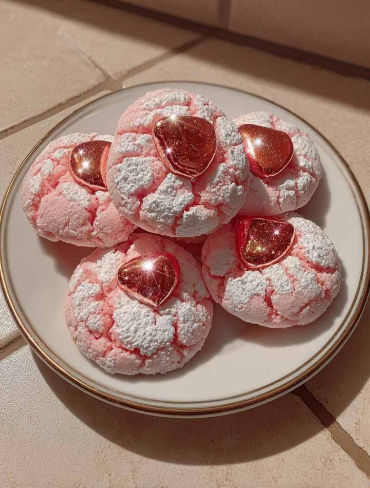 Strawberry Kiss Cookies with chocolate centers on a white plate