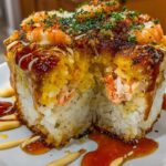 Sushi bake recipe in a glass casserole dish with creamy topping