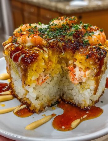 Sushi bake recipe in a glass casserole dish with creamy topping