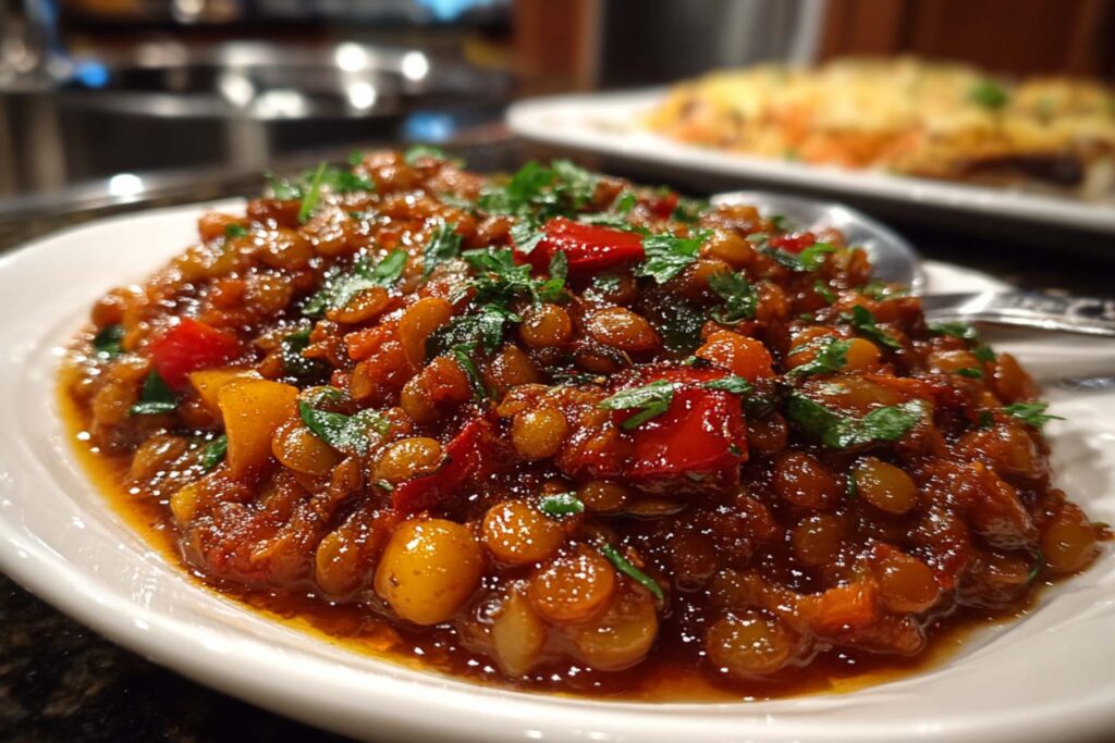 Vegetarian Mexican lentils served over white rice on a plate