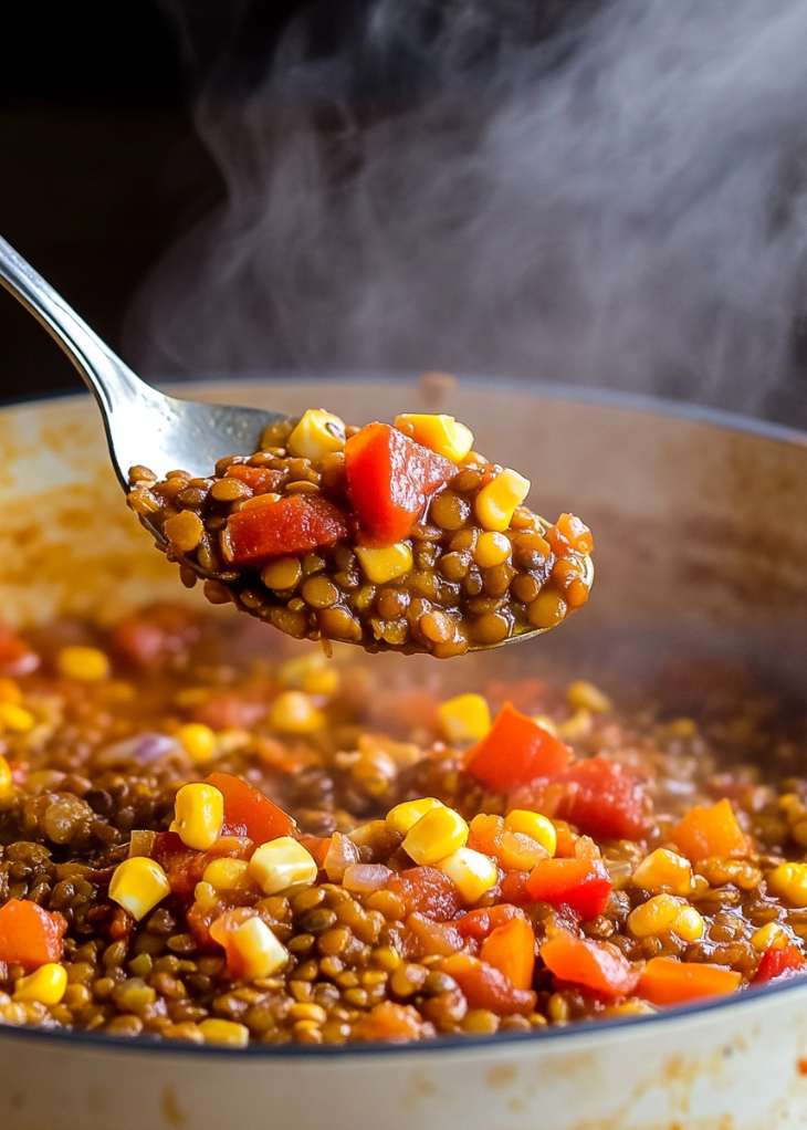 Vegetarian Mexican Lentils Simmering on the Stove