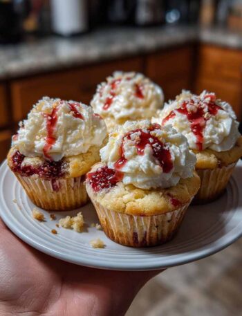 White chocolate raspberry cupcakes with uneven frosting on plate