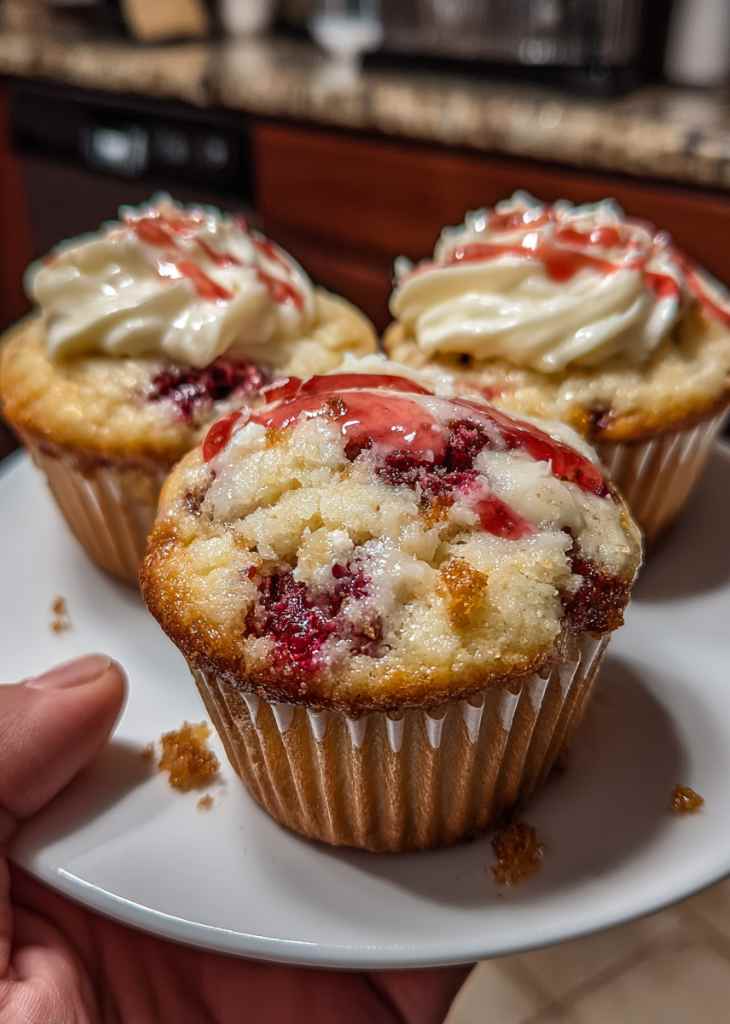 White Chocolate Raspberry Cupcakes on a Plate