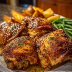 Air fryer chicken thighs with crispy skin in fryer basket