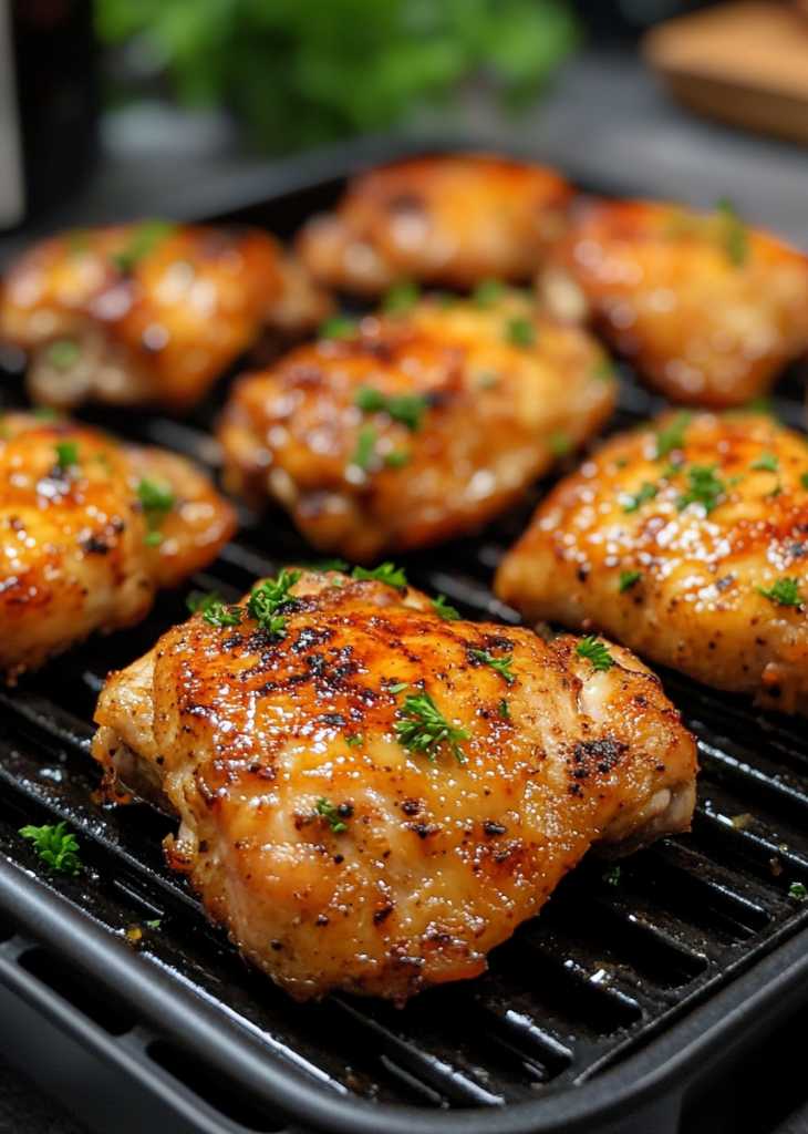 Raw seasoned chicken thighs in air fryer basket before cooking