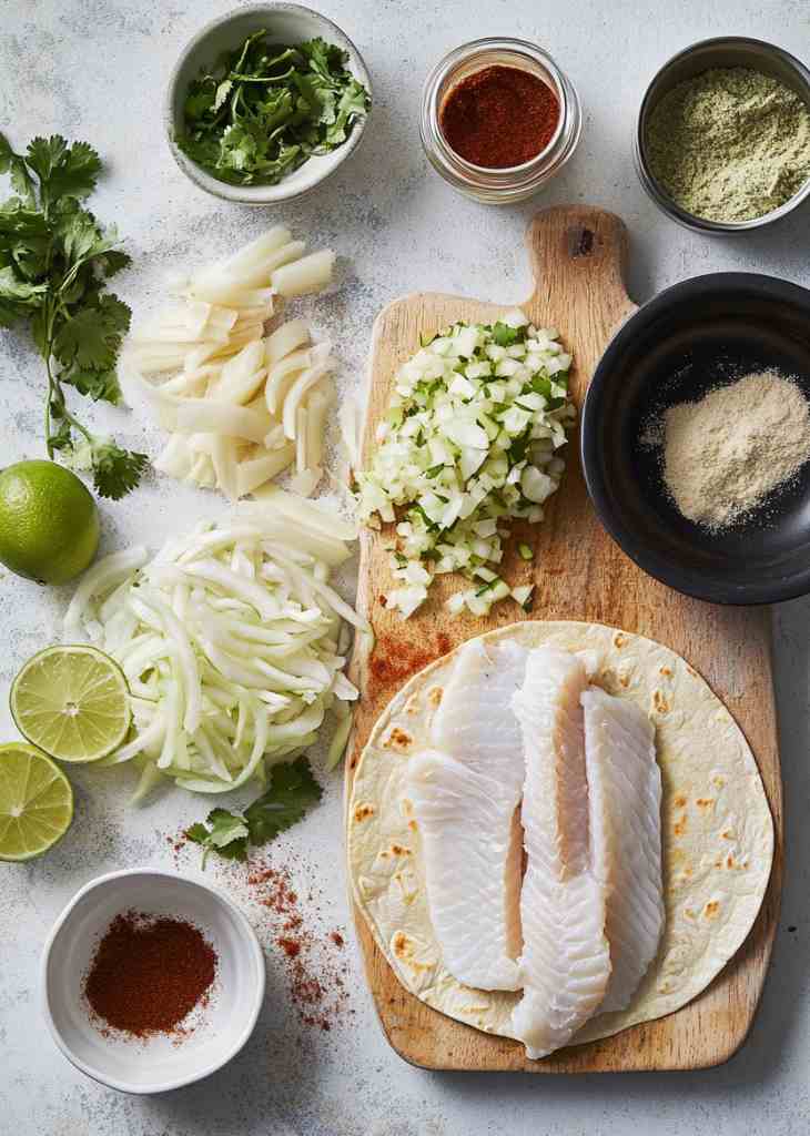 Ingredients for fish tacos including fish tortillas cabbage and lime