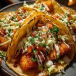 Homemade fish tacos with cabbage and sauce on plate