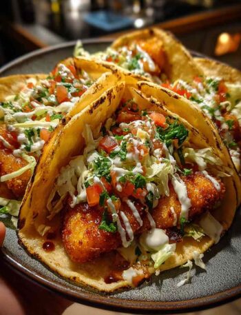 Homemade fish tacos with cabbage and sauce on plate