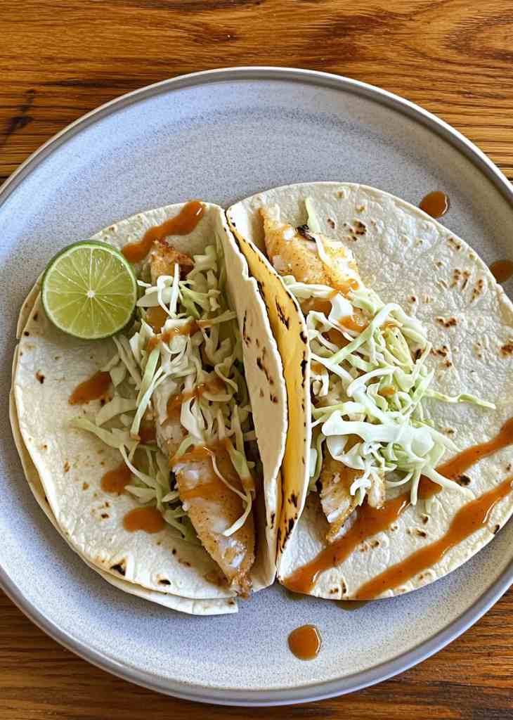 Homemade Fish Tacos on Ceramic Plate