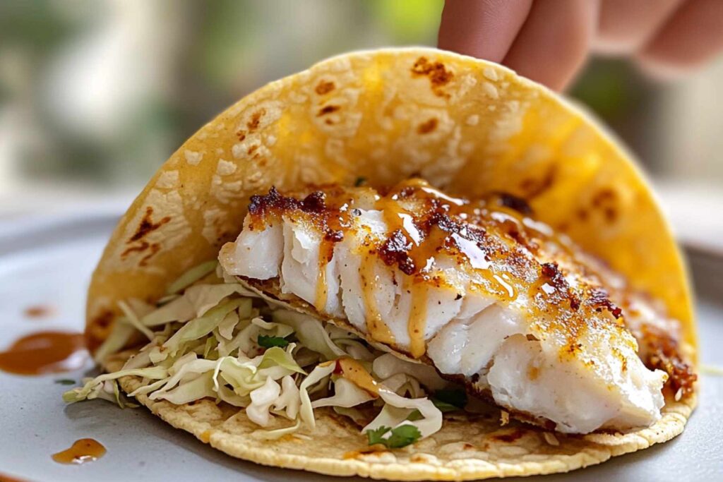 Close-up of fish tacos showing flaky fish and cabbage
