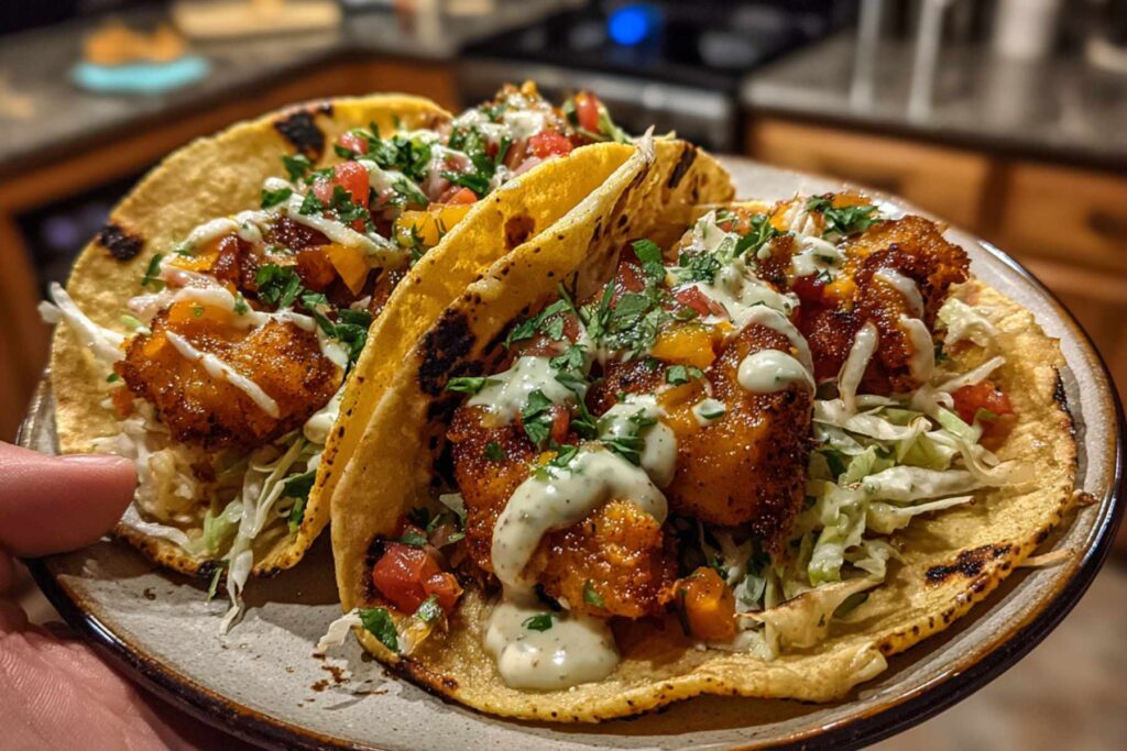 Cooked flaky fish fillets for fish tacos on baking tray