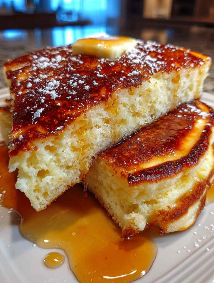 Sheet pan pancakes baked in rectangular pan with golden top