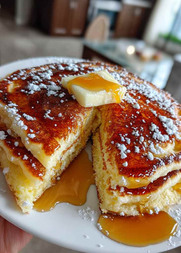 Sliced sheet pan pancakes squares with butter melting