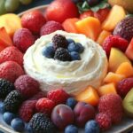 Fruit dip with cream cheese in bowl with strawberries and apple slices