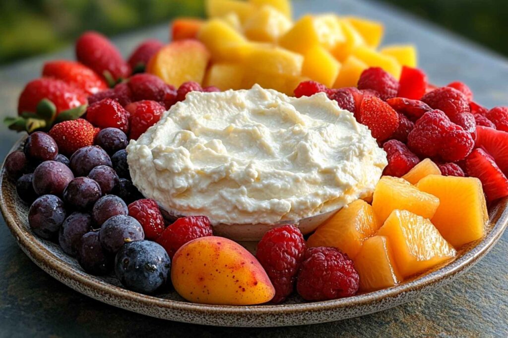 Strawberry dipped into fruit dip with cream cheese