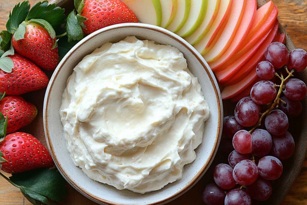 Strawberry dipped into fruit dip with cream cheese