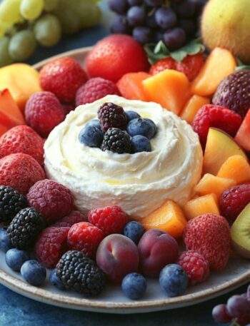Fruit dip with cream cheese in bowl with strawberries and apple slices