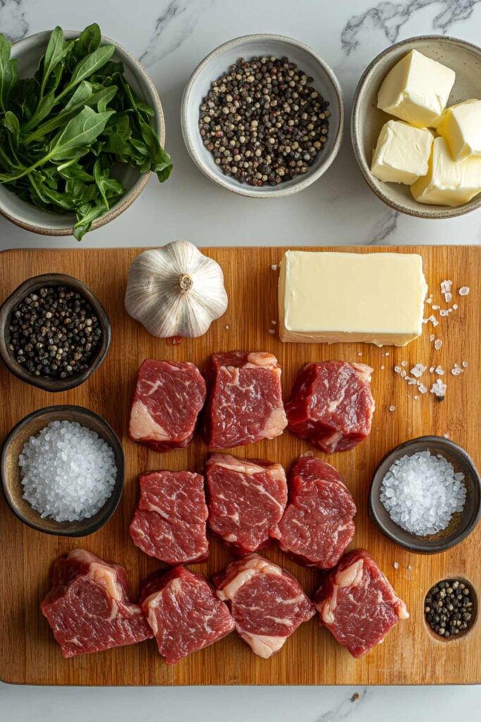 Ingredients for garlic butter steak bites including steak garlic and butter