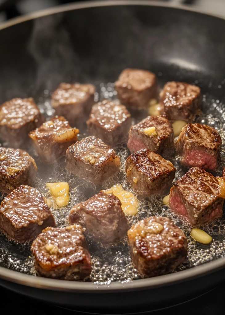 Raw steak cubes and garlic for garlic butter steak bites