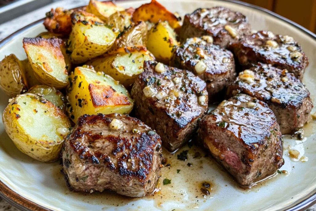 Cubed raw steak and garlic for garlic butter steak bites