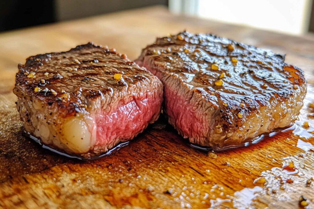 Close-up of garlic butter steak bites showing seared crust and tender inside