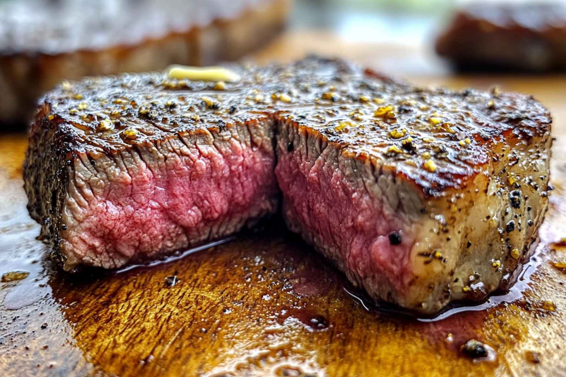 Garlic butter steak bites resting in skillet with pan juices