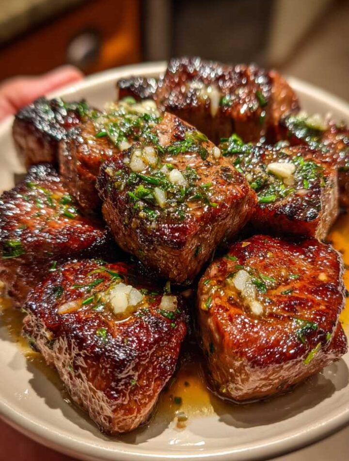 Garlic butter steak bites cooking in skillet with butter and garlic