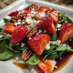 Spinach strawberry salad with sliced strawberries in ceramic bowl