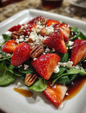 Spinach strawberry salad with sliced strawberries in ceramic bowl