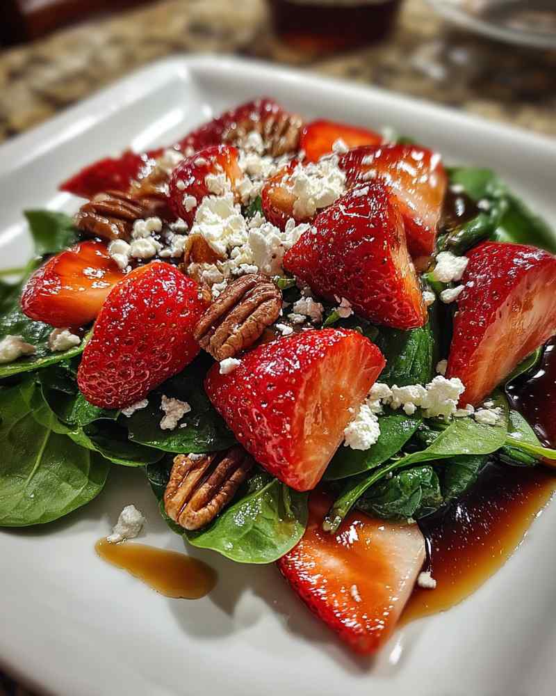 Spinach strawberry salad with sliced strawberries in ceramic bowl
