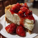 Whole strawberry cheesecake with strawberry topping on table