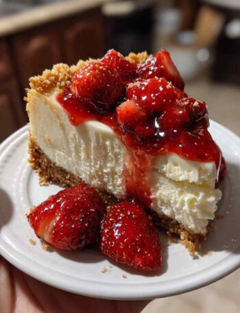 Whole strawberry cheesecake with strawberry topping on table