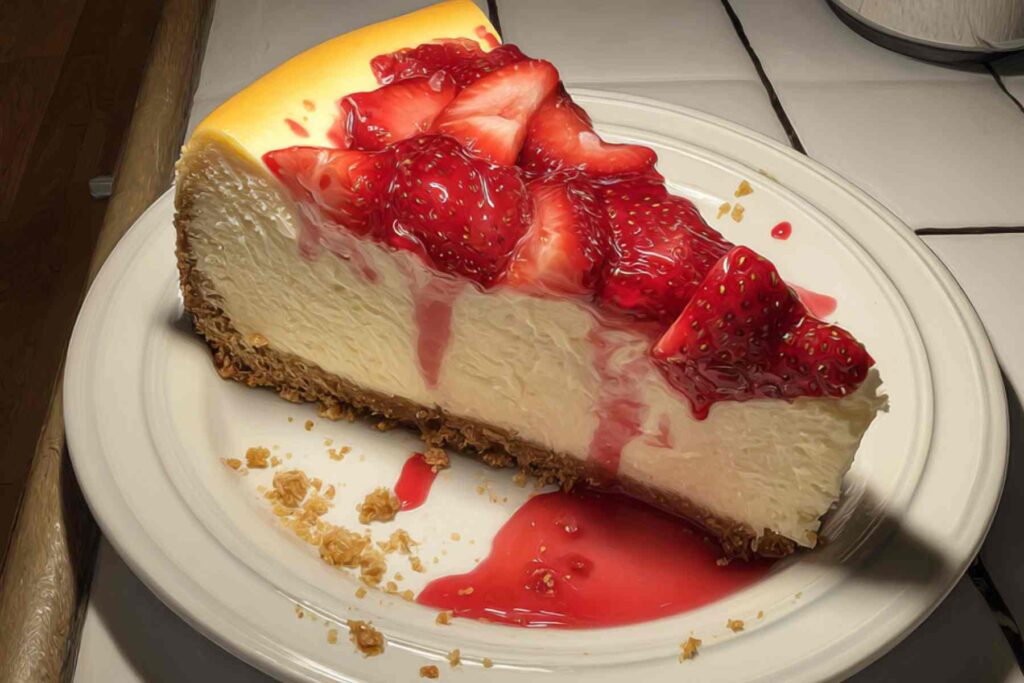 Slice of strawberry cheesecake showing creamy filling and crust