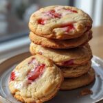 Stacked strawberry shortcake cookies on a plate with visible strawberry chunks