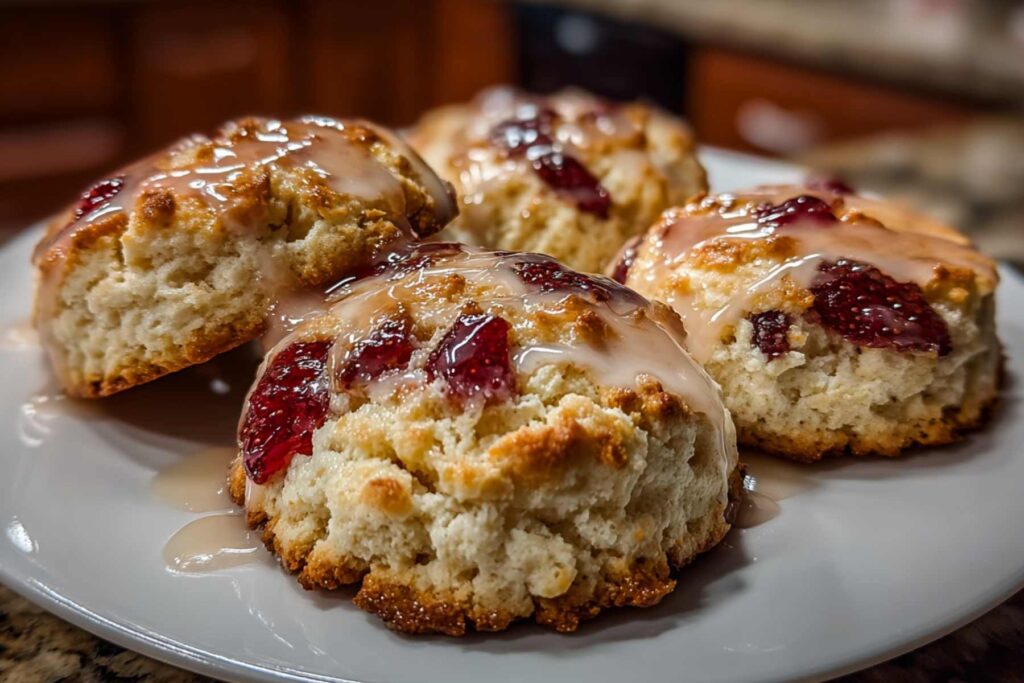 Broken strawberry shortcake cookie showing soft crumb and strawberry pieces