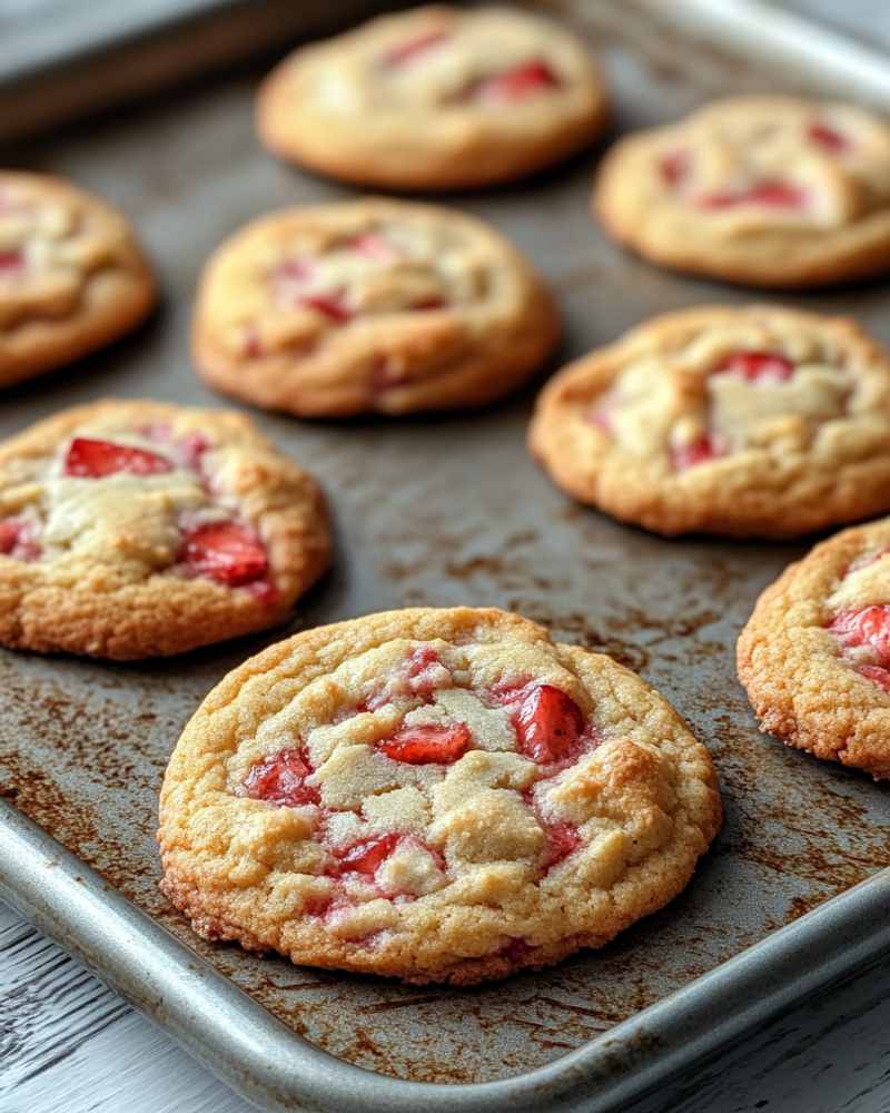 Strawberry shortcake cookies cooling on a lined baking sheet