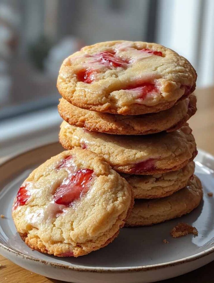 Stacked strawberry shortcake cookies on a plate with visible strawberry chunks